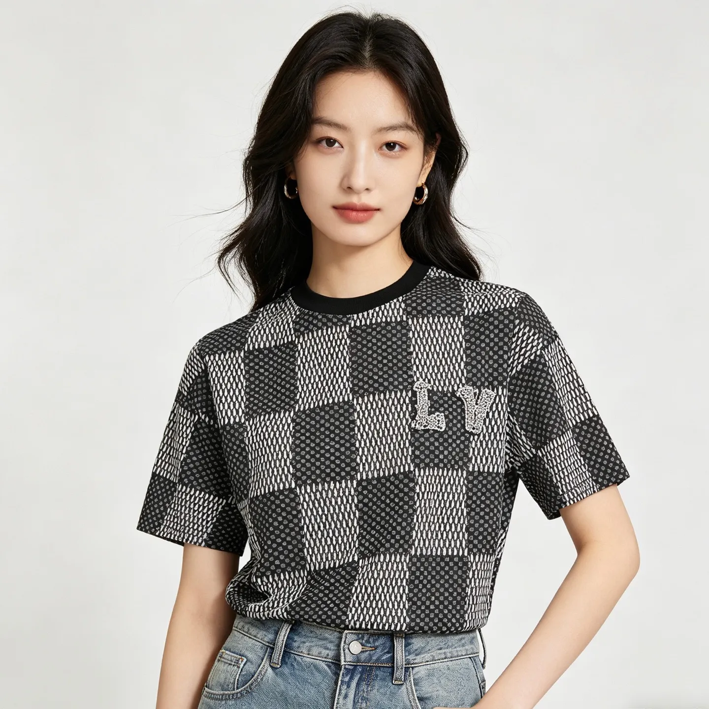 Louis Vuitton/Louis Vuitton rhinestone letter logo checkerboard short sleeves